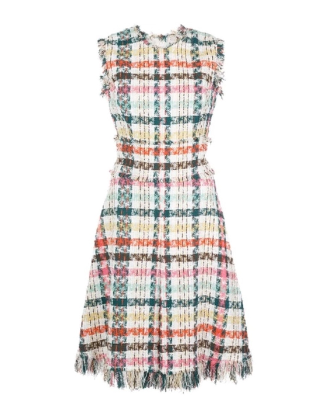 OSCAR DE LA RENTA Spring Tweed Fringe Day Dress Plaid Size 16